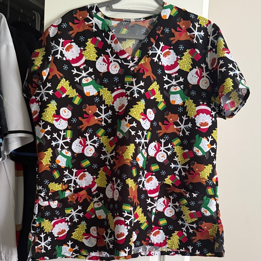 Festive Black Christmas Print Scrub Top